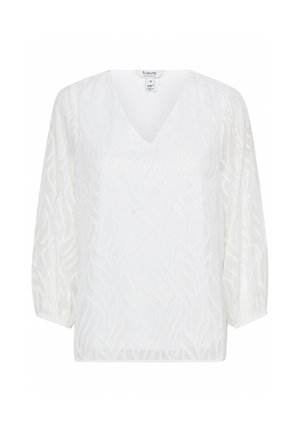Bela bluza z V-izrezom in teksturiranim, valovitim vzorcem. Mehka, lahkotna tkanina z napihnjenimi rokavi in ohlapnim krojem.