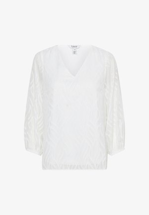 Bílá halenka s výstřihem do V a texturovaným, vlnitým vzorem. Měkká, lehká látka s balónovými rukávy a volným střihem.
