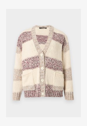 Hrubý pletený kardigán s krémovo-bordovými farebnými blokmi, zapínaním na gombíky, dvoma prednými vreckami a rebrovanými manžetami a lemom.