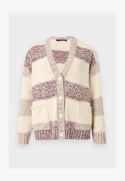 Χοντρό πλεκτό ζακέτα με μπλοκ χρωμάτων σε εκρού και μαρόν, κλείσιμο με κουμπιά, δύο εμπρόσθιες τσέπες και μανσέτες και τελείωμα με ριμπ ύφανση.