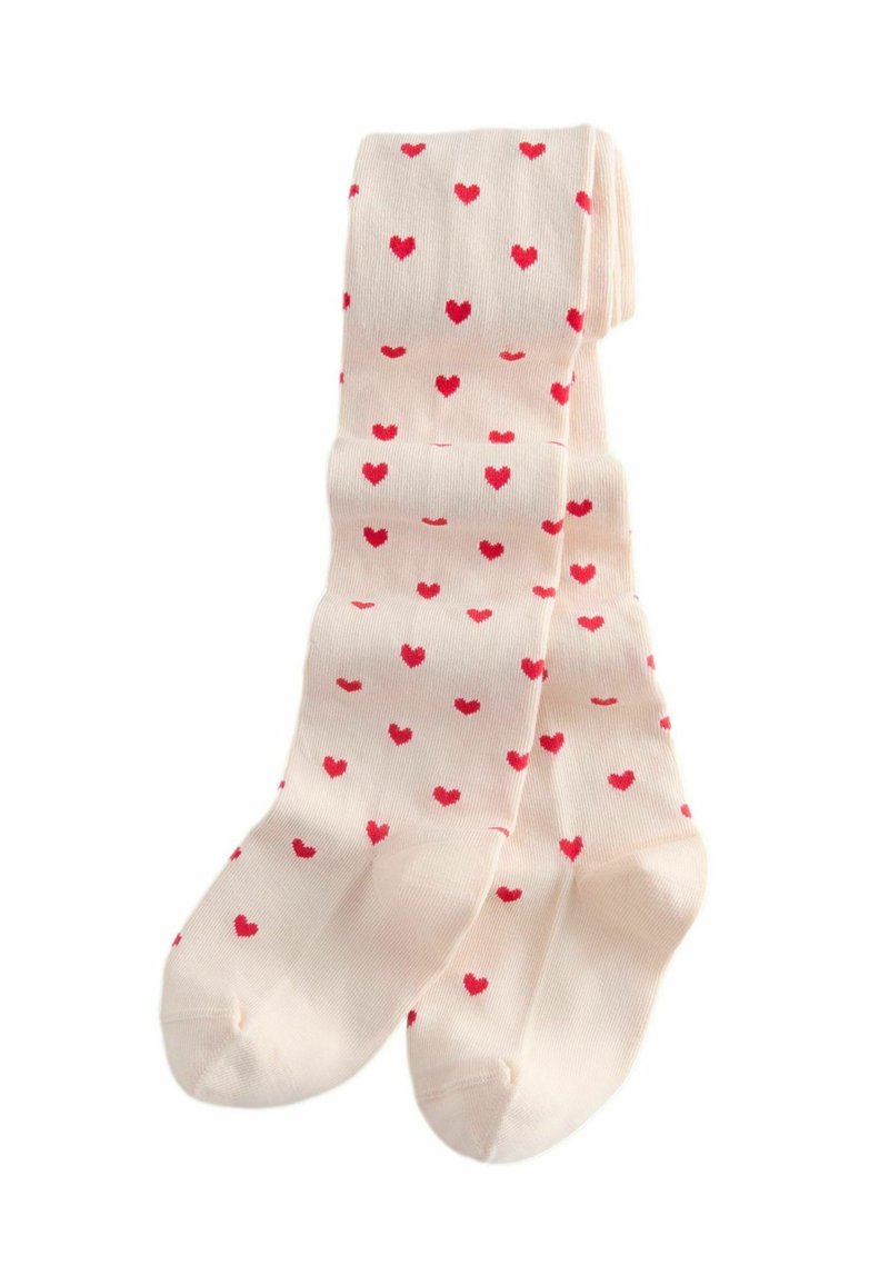 Cream-colored knee-high socks with red heart patterns. Made of soft fabric, featuring a ribbed texture and rounded toe design.