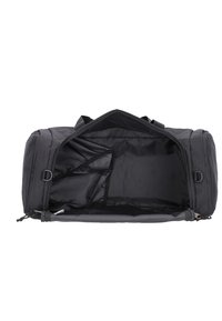 Black duffel bag with a zippered opening, spacious interior, and side pockets. Made of durable nylon fabric with a smooth texture.