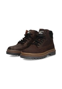 Donkerbruine leren veterschoenen met enkels, voorzien van dikke rubberen zolen en gevoerde zwarte kraag, recht van voren getoond op een witte achtergrond.