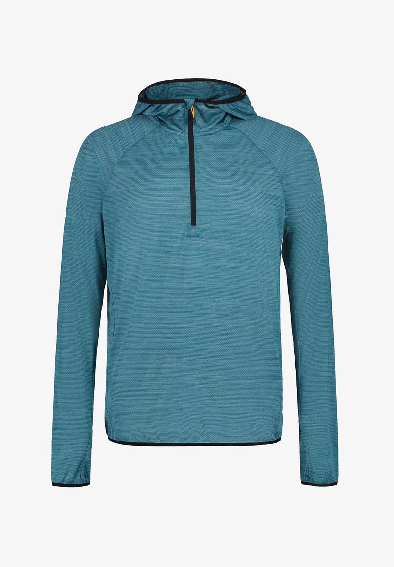 Lättvikts, turkos huva med halvmanschett fram, strukturerat tyg, långa ärmar och svarta detaljer längs fållen och dragkedjan.