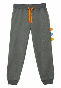 Graue Jogginghosen mit elastischem Bund und orangefarbener Kordel. Verfügt über bunte Dreieckakzente in Orange, Blau und Gelb an der Seite.