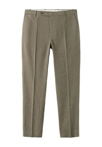 Muške uske bež svečane hlače s prednjim nabranim porubom, rupama za remen, bočnim džepovima i zakopčavanjem na gumbe.