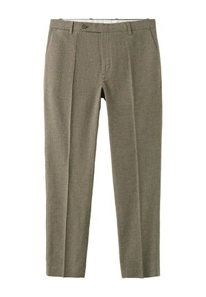 Pánske úzke béžové spoločenské nohavice s predným záhybom, pútkami na opasok, bočnými vreckami a zapínaním na gombík.