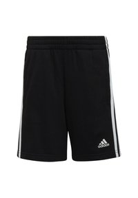 Pantaloni sportivi neri realizzati in tessuto morbido, con una vita elastica, strisce laterali bianche e un logo adidas sul lato sinistro in basso.