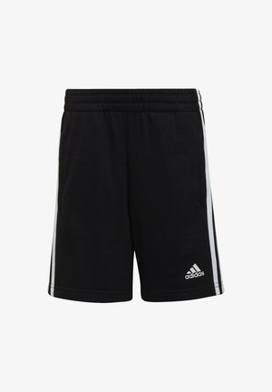 Pantaloni sportivi neri realizzati in tessuto morbido, con una vita elastica, strisce laterali bianche e un logo adidas sul lato sinistro in basso.