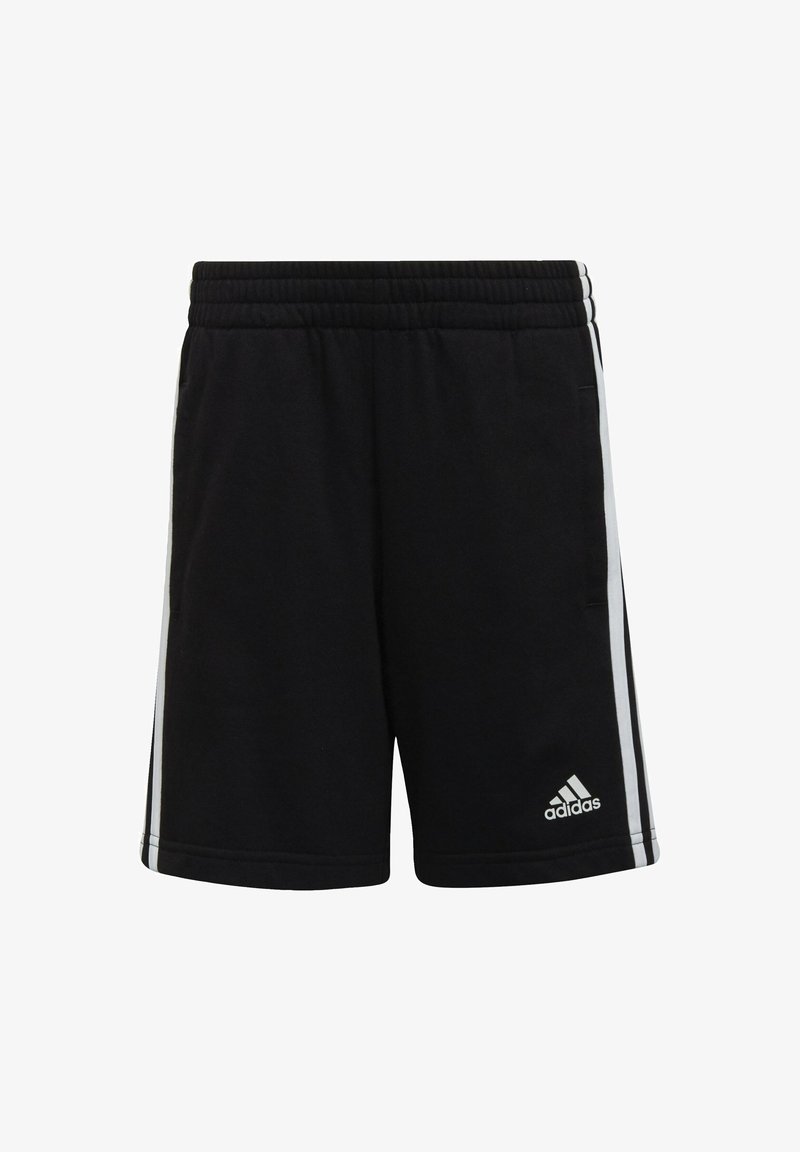 Pantaloni sportivi neri realizzati in tessuto morbido, con una vita elastica, strisce laterali bianche e un logo adidas sul lato sinistro in basso.