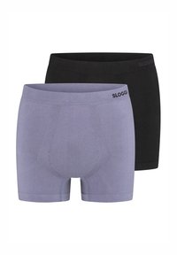 Two pairs of Sloggi boxers: one in light purple and one in black. Made of smooth fabric with a flexible waistband and subtle branding.