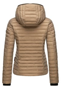 Beige puffer jacket with a hood, featuring horizontal quilted panels, elastic cuffs, and a side label. Smooth, glossy texture.