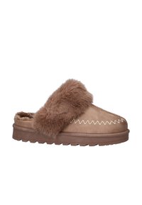 Bruine suède pantoffel met een leren band, een gestructureerde rubberen zool en witte decoratieve stiksels langs de rand. Casual en comfortabele stijl.