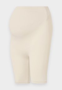 Beiga graviditetsshorts gjorda av stretchig tyg, med en slät textur, en åtsittande design och medelhög längd utan synliga sömmar.