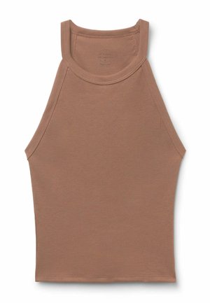 Débardeur côtelé sans manches marron clair avec un col rond haut et larges bretelles, posé à plat sur un fond blanc.