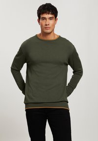 Oliwkowy sweter z dzianiny o miękkiej strukturze, z okrągłym dekoltem z beżowym akcentem, długimi rękawami i luźnym krojem.