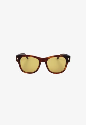 Occhiali da sole rettangolari con montatura tartarugata e bordi arrotondati, lenti di un giallo chiaro, con piccoli dettagli a forma di diamante sulla montatura.