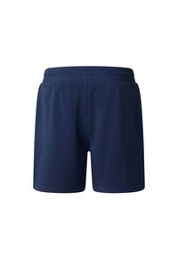 Shorts bleu marine en tissu doux avec une ceinture élastique. Présentent un design simple sans poches ni ornements.