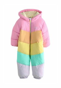 Spalvingas pūkuotas snowsuit'as turi rožinės, geltonos, žalios ir lavandinės spalvų sekcijas, gobtuvą ir minkštą dramblio kaulo spalvos pamušalą su elastingomis rankovėmis ir priekiniais užtrauktukais.