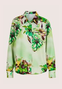 Lange mouwen knoopshirt met brede kraag, met groene en gele bloemenpatronen op een lichtgroene achtergrond.