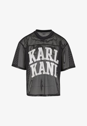 T-shirt noir à manches courtes en maille avec le grand texte blanc "KARL KANI" imprimé sur la poitrine.