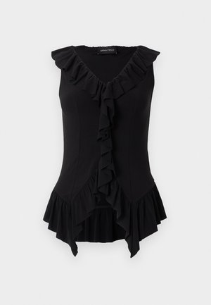 Μαύρο στενό αμάνικο μπλουζάκι με V-λαιμόκοψη, με βολάν κατά μήκος του λαιμού, μπροστά και στο στρίφωμα, με ετικέτα "Anna Field" μέσα στο γιακά.