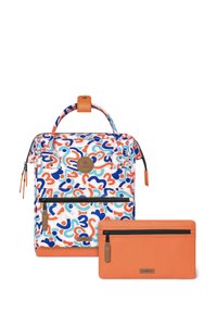 Patterned backpack with colorful abstract design in blue, orange, and white. Includes a matching orange zippered pouch. Features top handle.