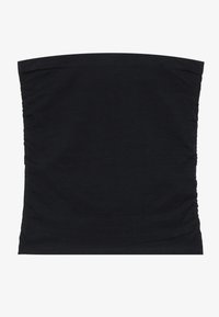 Čierny crop top vyrobený z mäkkej látky, s nahrnutými detailmi na bočných stranách. Jednoduchý, jednoliaty dizajn bez ďalších vzorov alebo akcentov.
