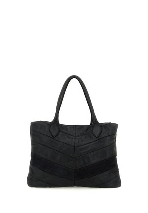 Borsa tote in pelle nera con doppi manici e motivo cucito a chevron sulla superficie frontale.