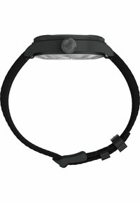 Grå urskive med et rundt metalhus, gennemsigtig front og et tekstureret sort gummirem med justerbart hardware og detaljeringer.