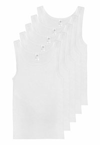 White cotton tank tops, featuring a standard sleeveless design with rounded necklines, neatly arranged in a stack of five.