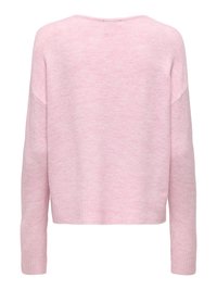 Pull en maille rose doux à manches longues avec poignets et ourlet côtelés, vu de dos.