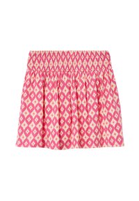 Jupe rose à motifs avec une taille élastique, présentant un motif en diamants dans des teintes de crème et d'orange, et fabriquée en tissu léger froncé.