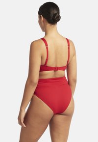 Rotes Bikini-Set mit einem hochgeschnittenen Unterteil und verstellbaren Trägern. Der Stoff wirkt glatt, mit einem einfachen und eleganten Design.
