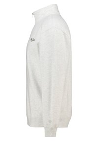 Felpa grigia chiaro a maniche lunghe con zip, colletto alto e polsini a costine, con ricamo del logo discreto sul petto.