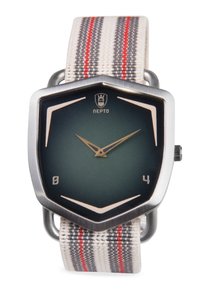 Seks kantet ur med en mørkegrøn urskive, hvide timemarkeringer og gyldne visere. Strop i stof med røde og grå striber på en beige baggrund.