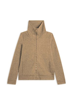 Giacca marrone con zip realizzata in un tessuto morbido e strutturato. Collo alto, tasche laterali e una zip liscia. Design semplice e pulito, senza fantasie.