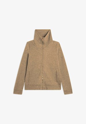 Veste zippée marron en tissu doux et texturé. Col haut, poches latérales et fermeture éclair lisse. Design simple et épuré sans motifs.