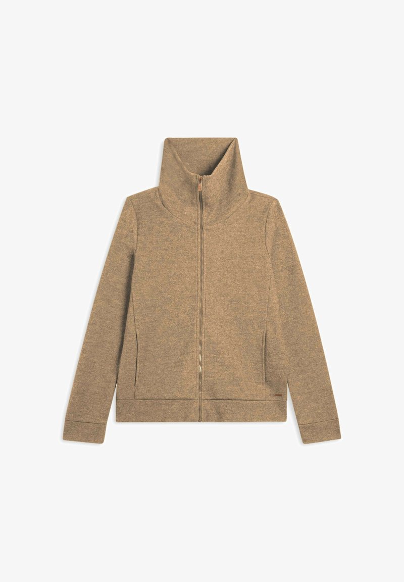 Chaqueta marrón con cremallera hecha de un tejido suave y texturizado. Cuello alto, bolsillos laterales y una cremallera lisa. Diseño simple y limpio, sin patrones.