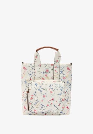 Torba na ramię z białego materiału syntetycznego z kwiatowym wzorem. Posiada przednią kieszeń na zamek, dwa górne uchwyty oraz usztywniony, prostokątny kształt.