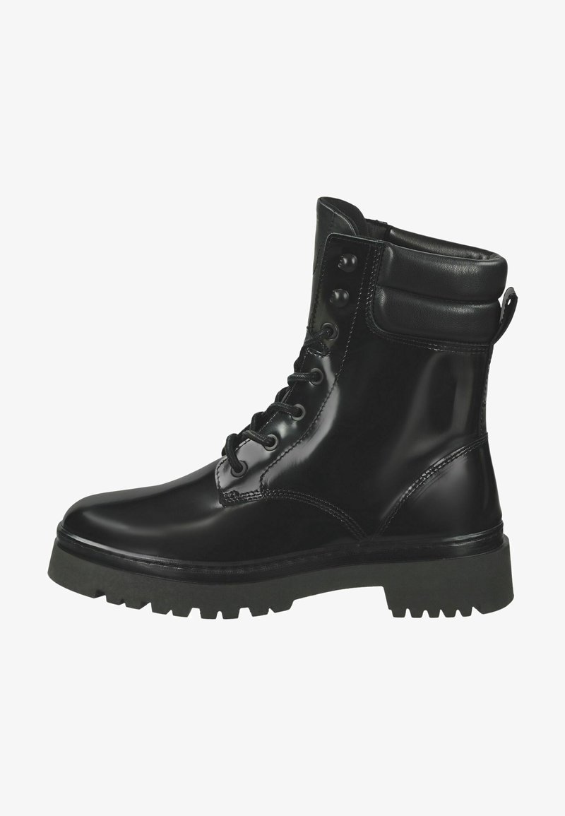 Black combat boot with a glossy finish, padded collar, and sturdy rubber sole. Features metal eyelets and a reinforced heel for support.