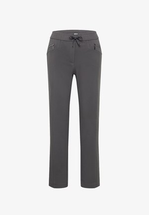 Dark gray straight-leg pants with drawstring waist and zippered pockets, designed for casual or athletic wear.