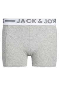 Szürke pamut boxer alsónadrág fehér rugalmas derékpánttal, amelyen szürke betűkkel szerepel a "JACK & JONES" felirat, testhez álló fazon és varrott varrás.