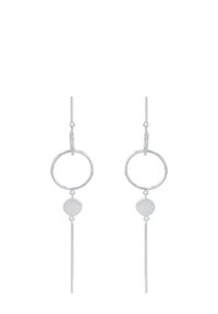 Silberne Tropfohrringe mit kreisförmigen und elongated Formen, einem polierten Finish und einem minimalistischen Design.