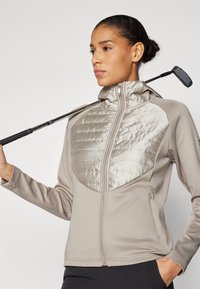 Giacca sportiva beige chiaro con un pannello lucido e trapuntato di colore argento sul petto. Presenta una chiusura con zip e un colletto alto, con una texture liscia e una forma aderente.