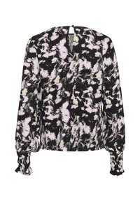 Blusa a maniche lunghe nera con un motivo astratto rosa e crema, caratterizzata da un dettaglio con apertura a chiave sulla schiena e polsini elasticizzati.