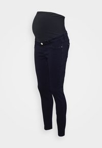 Jeans de maternidade azul escuro com uma cintura elástica preta acima da barriga, corte justo e design de cinco bolsos com fecho frontal por botão.