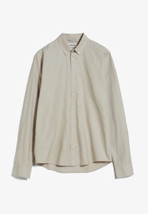 Beiges Langarmhemd mit Knopfleiste, Kragen, geknöpften Manschetten und dezentem Markenlogo auf der Brust.