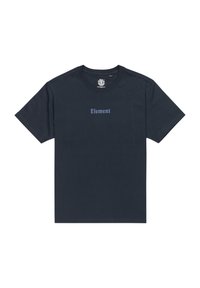 Marinefarbener Baumwoll-T-Shirt mit kurzen Ärmeln und Rundhalsausschnitt; zeigt den Schriftzug "Element" in helllila quer über die Brust. Schlichtes Design.