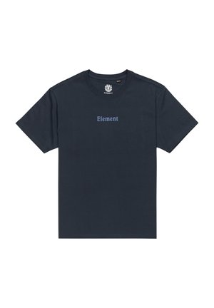 Navy cotton t-shirt with short sleeves and a crew neck; features "Element" text in light purple across the chest. Plain design.